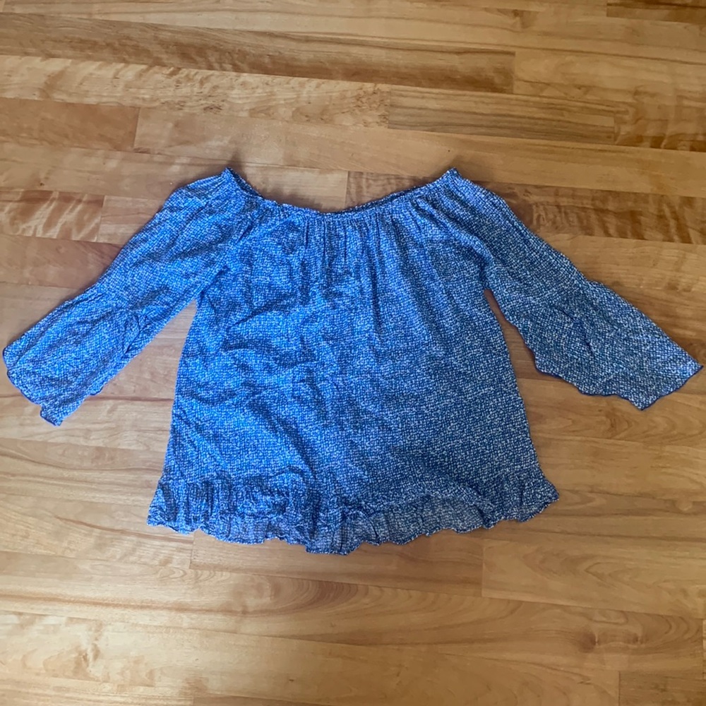 Blue and patterned off the shoulder blouse